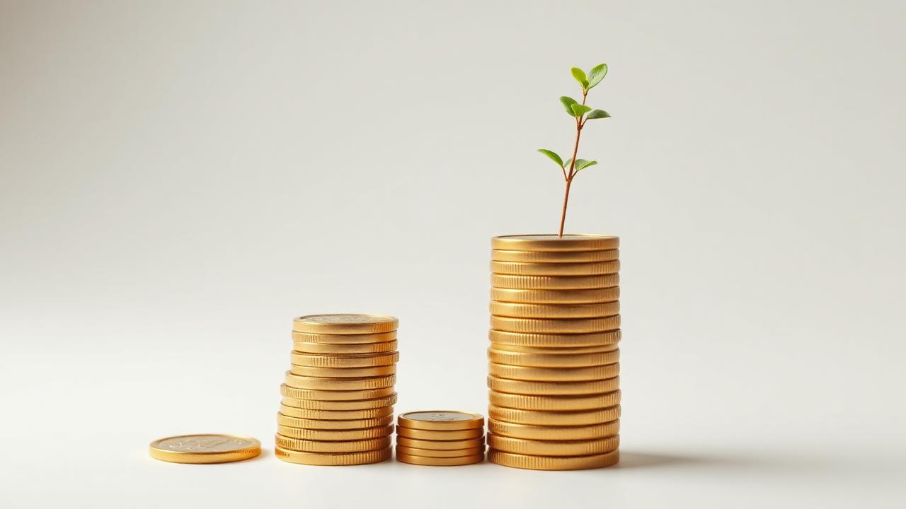 Growing stacks of coins with a plant sprouting